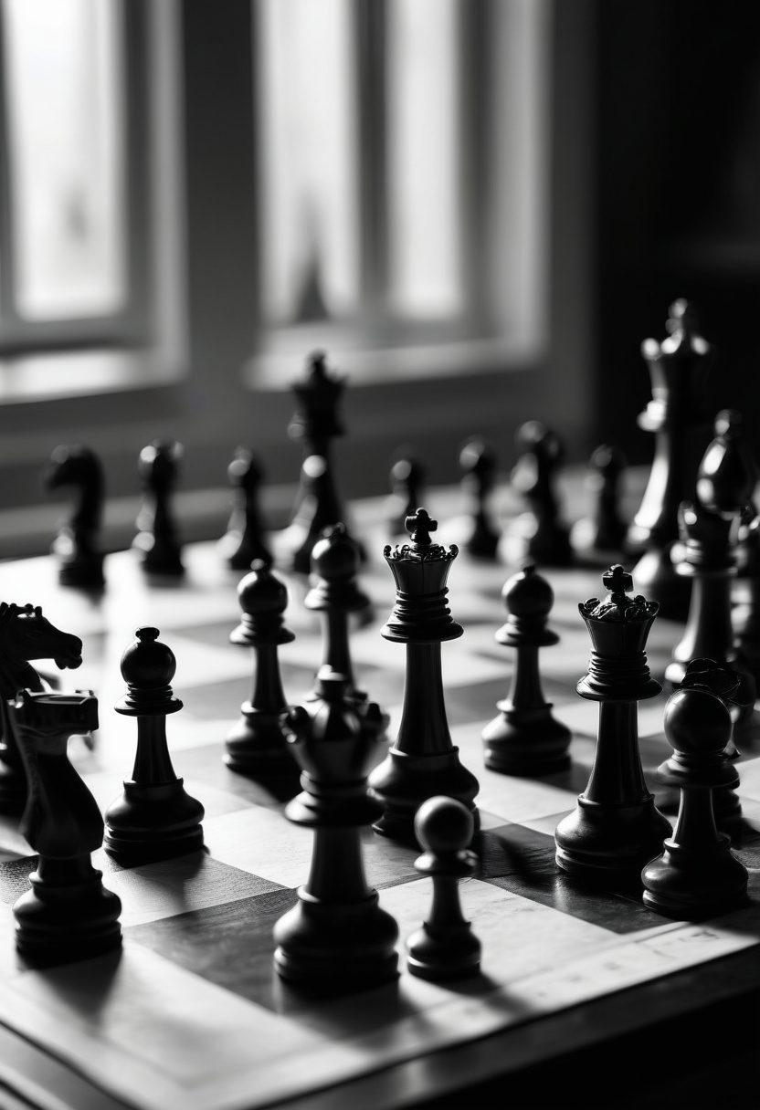 A dramatic close-up of a chess board in the midst of an intense game, featuring intricately designed pieces in shiny black and white. In the background, there are blurred outlines of strategic chess strategies and tips written on parchment. The lighting casts dynamic shadows that add a sense of urgency and focus. Capture the essence of mastery and strategy. super-realistic. vibrant colors. dramatic lighting.