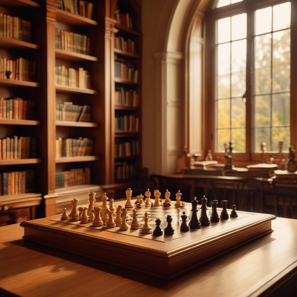 A vibrant chessboard in the center of an inviting library, scattered chess pieces showcasing various endgame scenarios. A glowing chess book titled 'From Openings to Endgames' lies open, with diagrams floating around illustrating strategies. Soft sunlight streams through large windows, illuminating the scene with warmth and inspiration. Elegant wooden shelves filled with chess literature in the background. super-realistic. warm colors. soft focus.