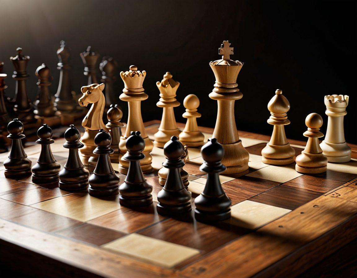 A chessboard with strategically arranged pieces, showcasing a fierce mid-game battle, illuminated by soft light. In the background, a digital interface displays resource links and expert tips alongside a player deep in thought, contemplating their next move. The scene conveys a feeling of concentration and strategy. super-realistic. vibrant colors. 3D.